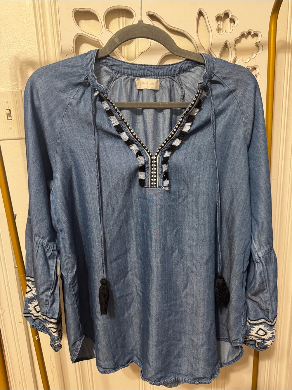 Altar'd State Blue Embroidered Chambray Tassel Tunic